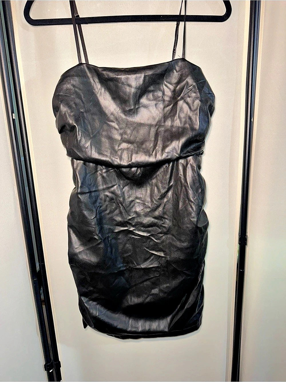 Lulus Be a Stunner Black Vegan Leather Ruched Bodycon Mini Dress Black Faux